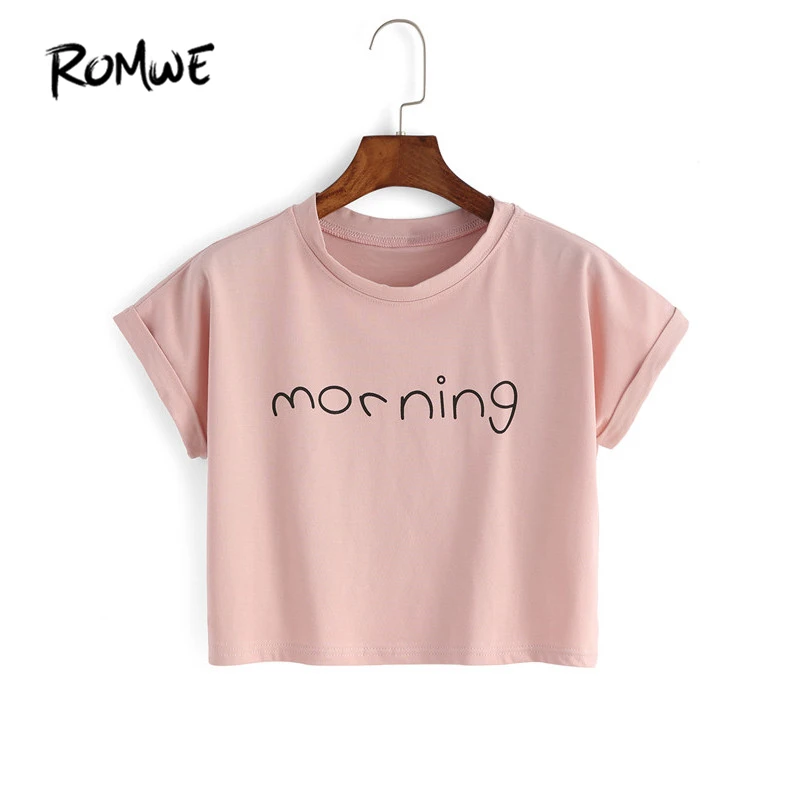 

ROMWE Womens Crop Tops Letter Print T-Shirts Summer Cute Fashion Pink Round Neck Short Sleeve Letter Print Crop T-shirt