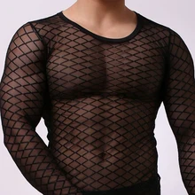 Mesh Transparente Nachtwäsche Herren Sexy Dünne Lange Hülse Schlaf Tragen Exotische Grid Singulett Fishnet Sheer Stretch Unterhemd Schlaf Tops