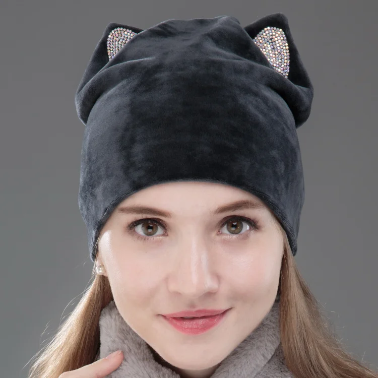 OHCOXOC, дизайн, женские шапочки Skullies, одноцветная, для девушек, милая, осень, зима, шапка, шапка с шикарными кошачьими ушками, блестящие стразы - Цвет: grey