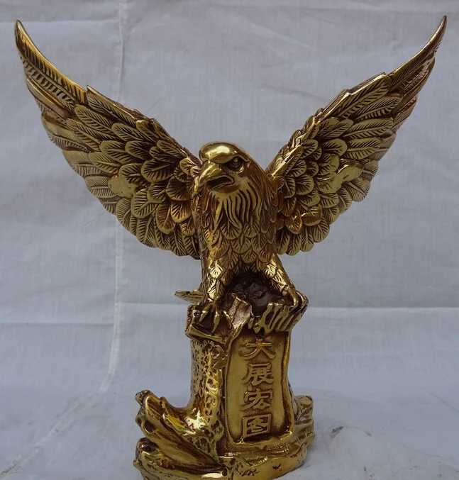 

song voge gem S4797 9" Chinese Brass Folk Bird Open Wings Fly Hawk Eagle Lanneret On Tree Statue