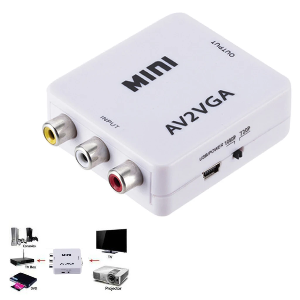  Mini HD 1080 p AV2VGA Video Converter Box adattatore AV RCA CVBS al Convertitore Video VGA PC Conve