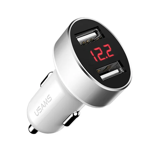 USAMS Dual USB Автомобильное зарядное устройство со светодиодный дисплеем, USB зарядное устройство для samsung Xiaomi huawei универсальное USB зарядное устройство для телефона планшета - Тип штекера: LED Display White