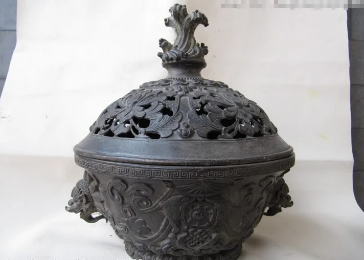 

Elegant old S0594 Tibet Buddhism 100% Pure Copper bronze eight Treasure incense burner Censer statue
