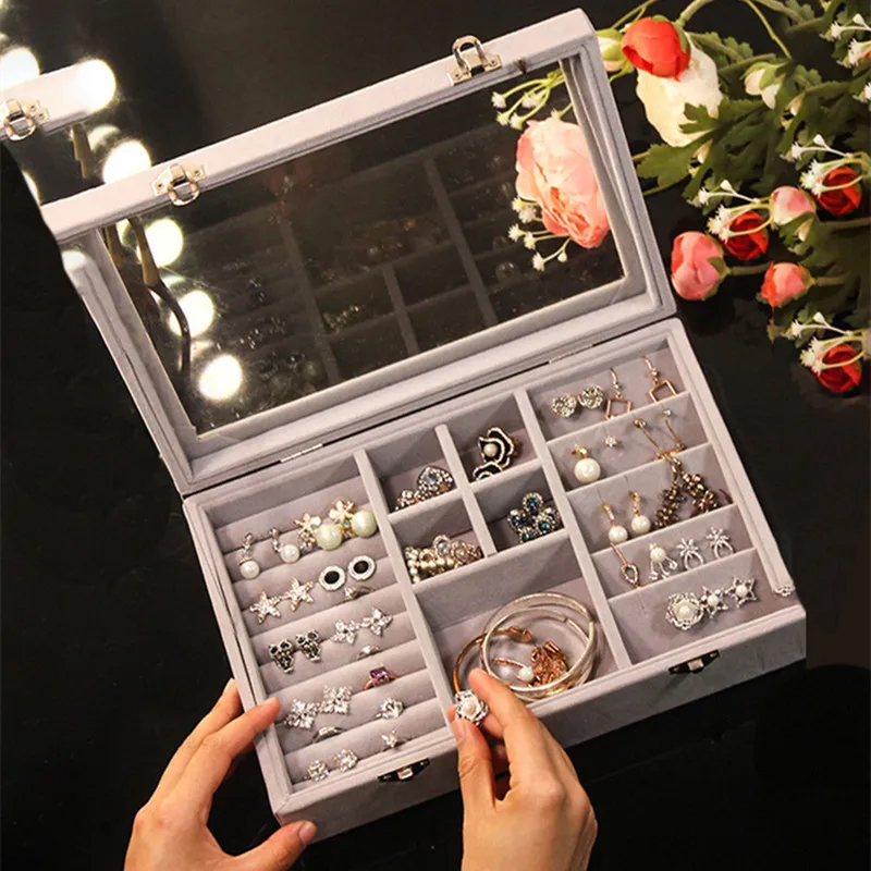 

Transparent Jewelry Ring Display Box Women Travel Earrings Bracelet Carrying Holder Flannel Storage Case Accessories Supplies