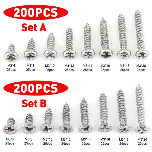 200pcs New M3 Self Tapping Screws Stainless Steel Pan Flat Head Self