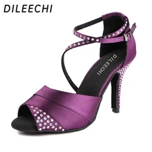DILEECHI/Женские атласные стразы; Цвет фиолетовый, синий; обувь для латинских танцев; вечерние туфли с кристаллами на лодыжке; Обувь для бальных танцев; обувь на высоком каблуке