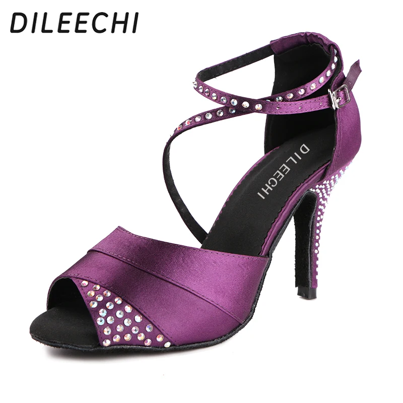 

DILEECHI Women's Purple Blue Satin rhinestones Latin dance shoes Crystal Ankle Party Wedding Ballroom dancing shoes high heels
