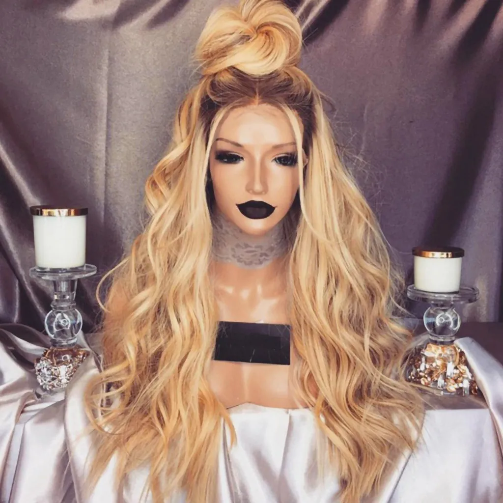 

Factory price 1pc Women Fashion Lady Gold Hair Front lace Synthetic Hair Long Wave Curly Wig Lace Inner Net Wigs Stand Apr1