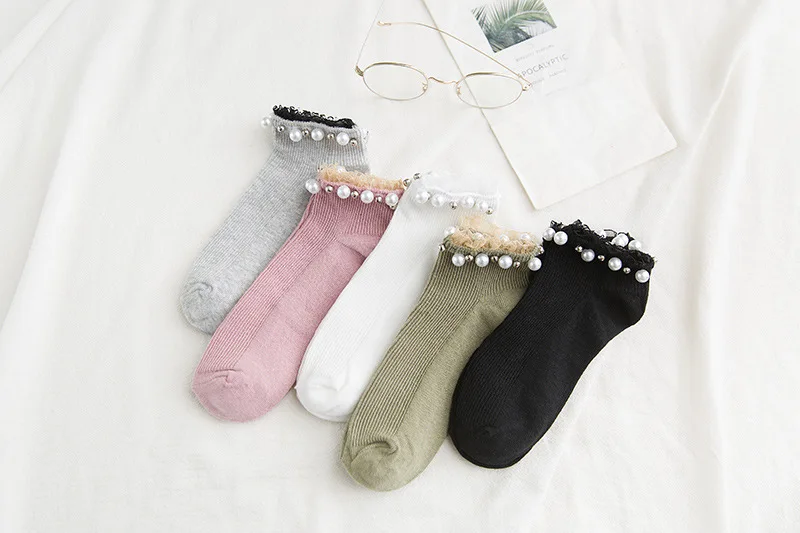 Women Fashion Socks 2022 New Lace Pearl Solid Color Breathable Ankle Socks Cotton Fashion Cute Woman Funny Socks Носки fluffy socks