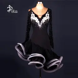 Черный цвет женское бальное танцевальное платье Взрослые Бальные латинские танцевальные стандартные костюмы аппликация стразы украшение