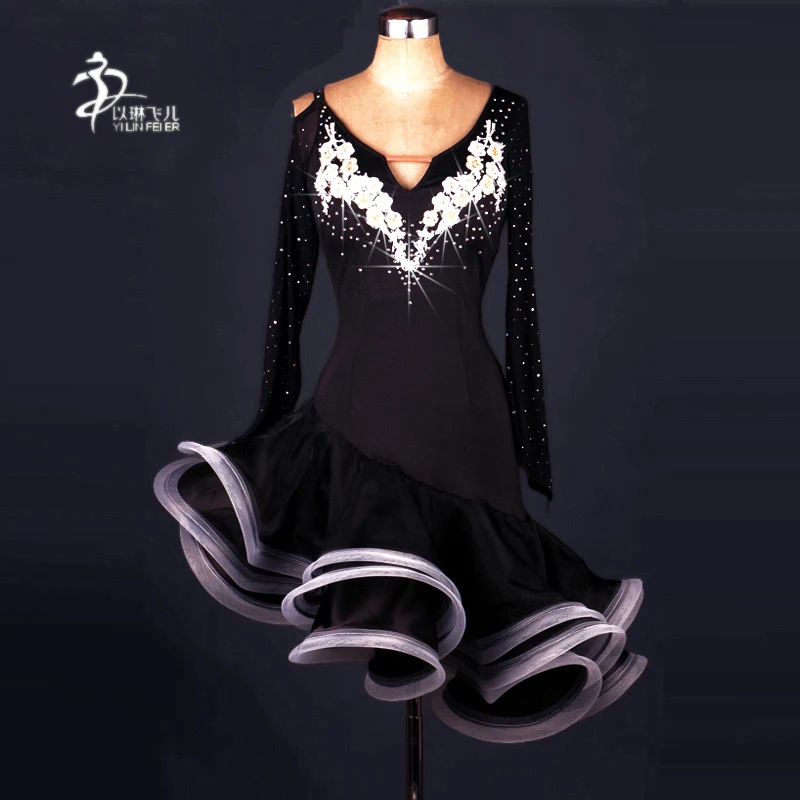 

Black Color women ballroom dance dress adults ballroom latin dance standard costumes Applique rhinestone decoration dance dress