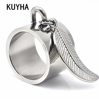 

Steel Ring With Long Pendant Leaf Feather Charm Women Band Engravable Laser Knuckle Finger Ring Fashion Jewelry