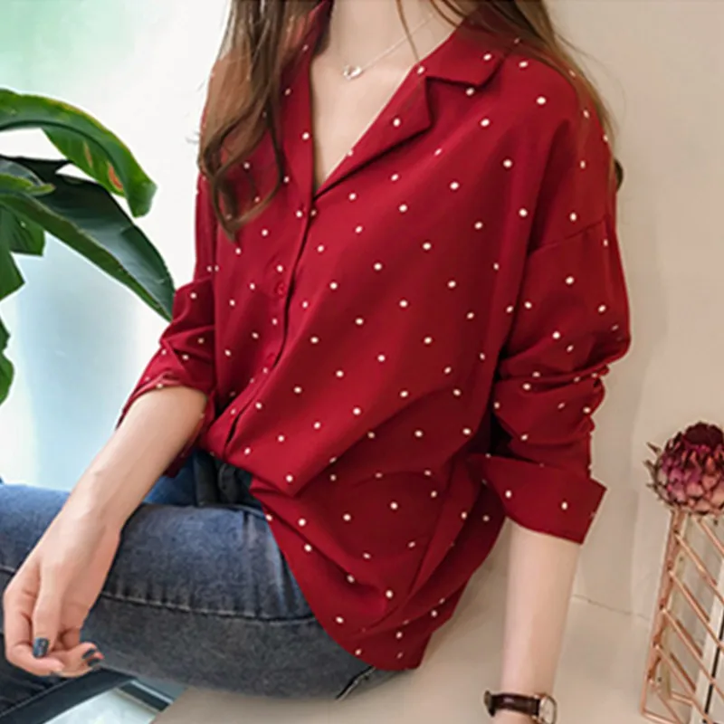 Повседневная шифоновая рубашка в горошек для женщин, повседневный топ с v-образным вырезом и длинными рукавами, блузки