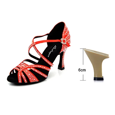 Ladingwu/туфли для латинских танцев, женская новая шелковая атласная черная обувь для сальсы со стразами, танцевальная Женская Обувь для бальных танцев, Каблук 5-10 см - Цвет: Red 6cm