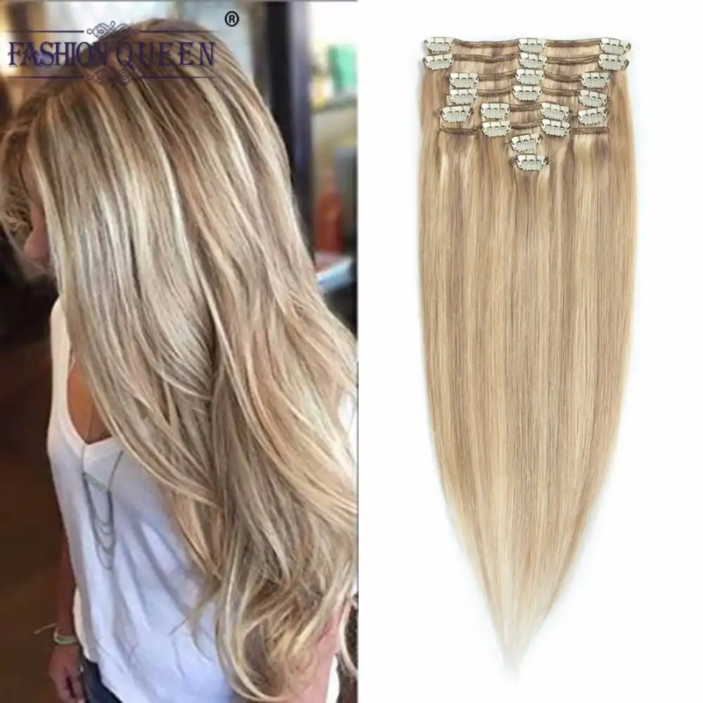 Full Head Clip In Human Hair Extensions 12pcs Set Ash Blonde
