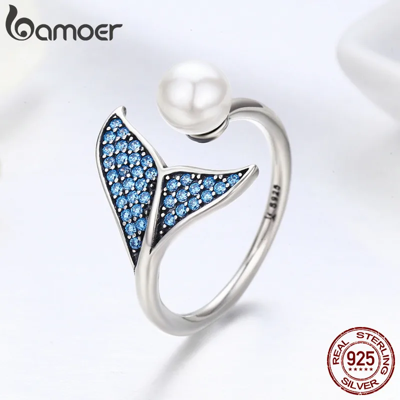 

BAMOER Mermaid Fish Tail Shell Pearl Finger Rings for Women Adjustable Open Free Size 925 Sterling Silver Ring GXR286