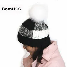 BomHCS большой помпон из лисьего меха Зимние Для женщин шапочка комплект вязаная шапка+ шарф ручной работы