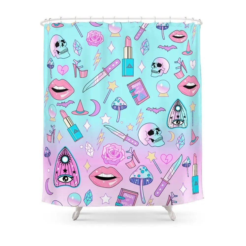 

Girly Pastel Goth Witch Pattern Shower Curtain Set Waterproof Fabric Bath Curtain For Bathroom With Non-slip Floor Mat