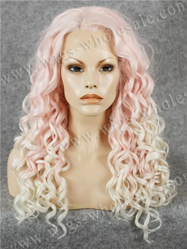 

Discount Rasta Wig Pink White Curly High Quality Long Hair Synthetic Lace Front Wig Free Shipping