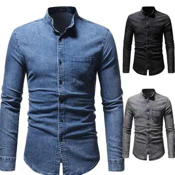 

Denim Shirts Mens Long sleeve Jeans Shirts Mens Cowboy Blouse Men Stand collar Blue Black Gray