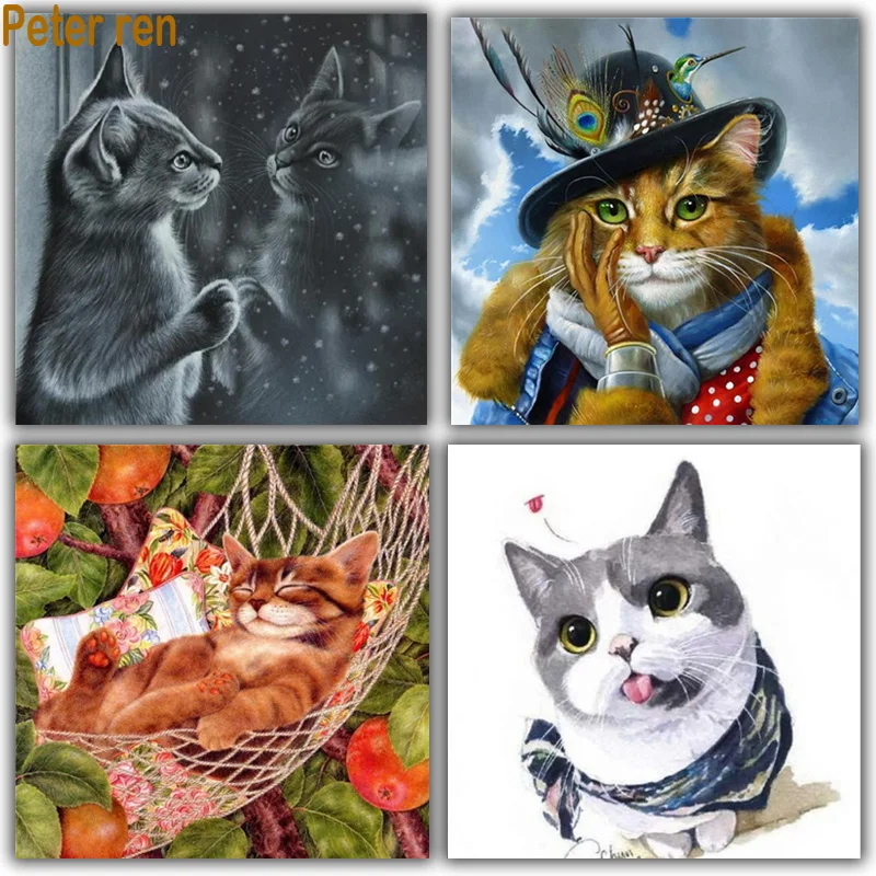 

Peter ren DIY Diamond Painting animals Cross-stitch kit Diamond Embroidery Fashion cat full Round Diamond crystal mosaic pictur