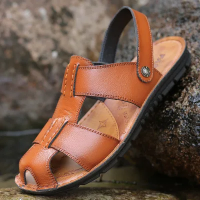 Для мужчин сандалии из натуральной кожи мужчин's повседневное бархатные кроссовки обувь для пляжного отдыха Пряжка родной Мужской Резиновая подошва сандалии для - Цвет: Brown