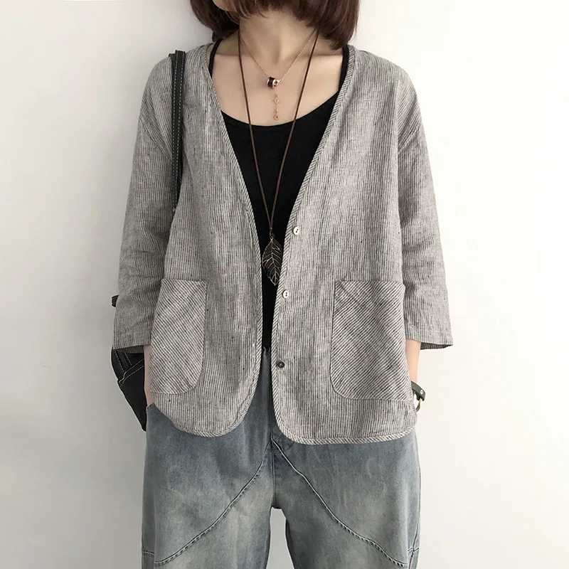 

2019 summer lady thin blazer Loose cotton linen female casual Work Office ladies blazer pinstripe 7-point sleeve small suit