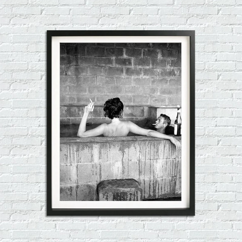 

Steve McQueen Poster Canvas Painting , Steve McQueen Bath With His Wife Mens Fashion Print Black White Photo Home Wall Art Decor