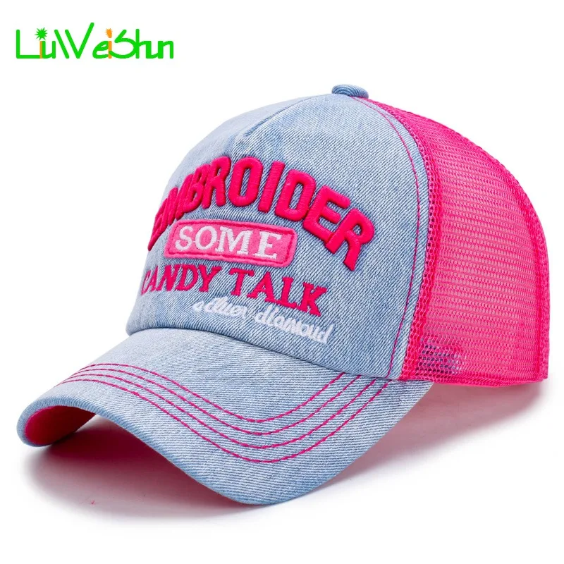 

[LWS] Summer Denim Mesh Baseball Caps For Women Embroidery Letter Hat Female Snapback Cap Outdoor Male Baseball Caps Adult Bones