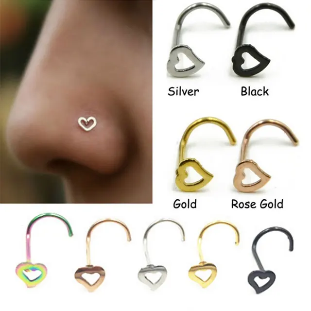 1Pc Stainless Steel Screw Nose Ring Wiht Heart Top L Shape Nose Stud Nose Piercing Women Body