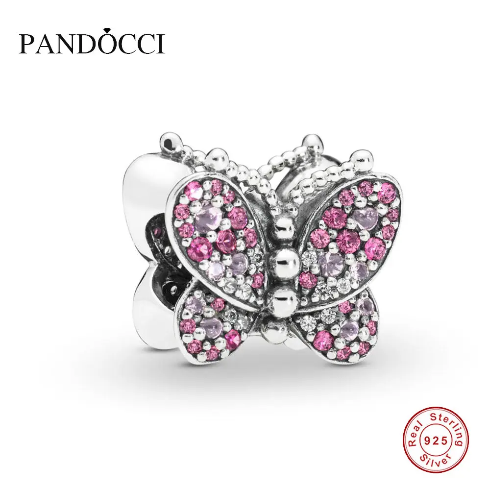 

2019 Spring 925 Sterling Silver Bead Dazzling Pink Butterfly Charm Fit Original Women Bangle Bracelet Diy Jewelry PANDOCCI