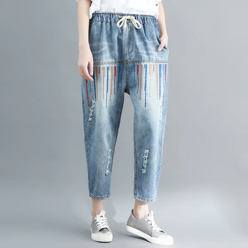

Vintage Ripped Hole Jeans Female Casual Pocket Harem Denim Pants Summer Autumn Elastic Waist Women Embroidery Trousers Plus Size