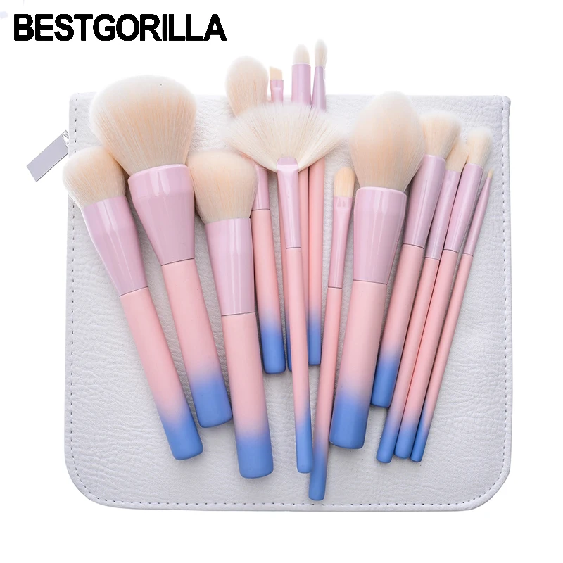 

Best quality Gradient Color Professional Makeup Brushes Set Pro 14pcs Cosmetic Brush Set with Leather Bag Pink Yellow