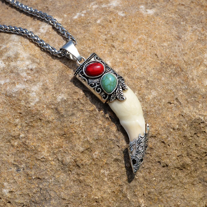 Men's Bone Pendant Necklace Stainless Steel Necklace Tibetan Amulet Fangs Real Natural Tooth Vintage Silver Wolf Tooth Charm