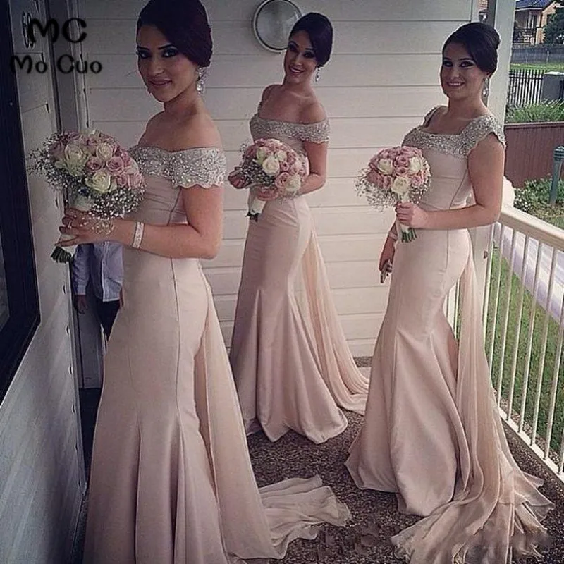 

2018 Fashion Main of Honor African Off Shoulder Crystal Beaded Pink Satin Wedding Party Long Formal Bridesmaid Dresses for women