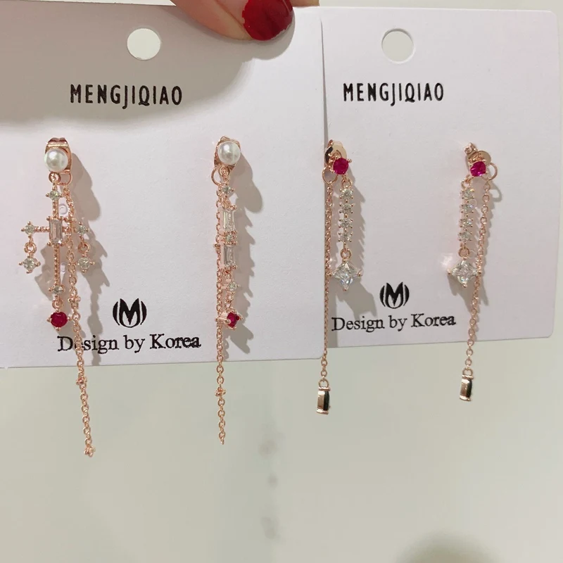 MENGJIQIAO новые элегантные розовые блестящие циркониевые цветочные круглые длинные висячие серьги для женщин Изящные Ювелирные изделия с микро-покрытием