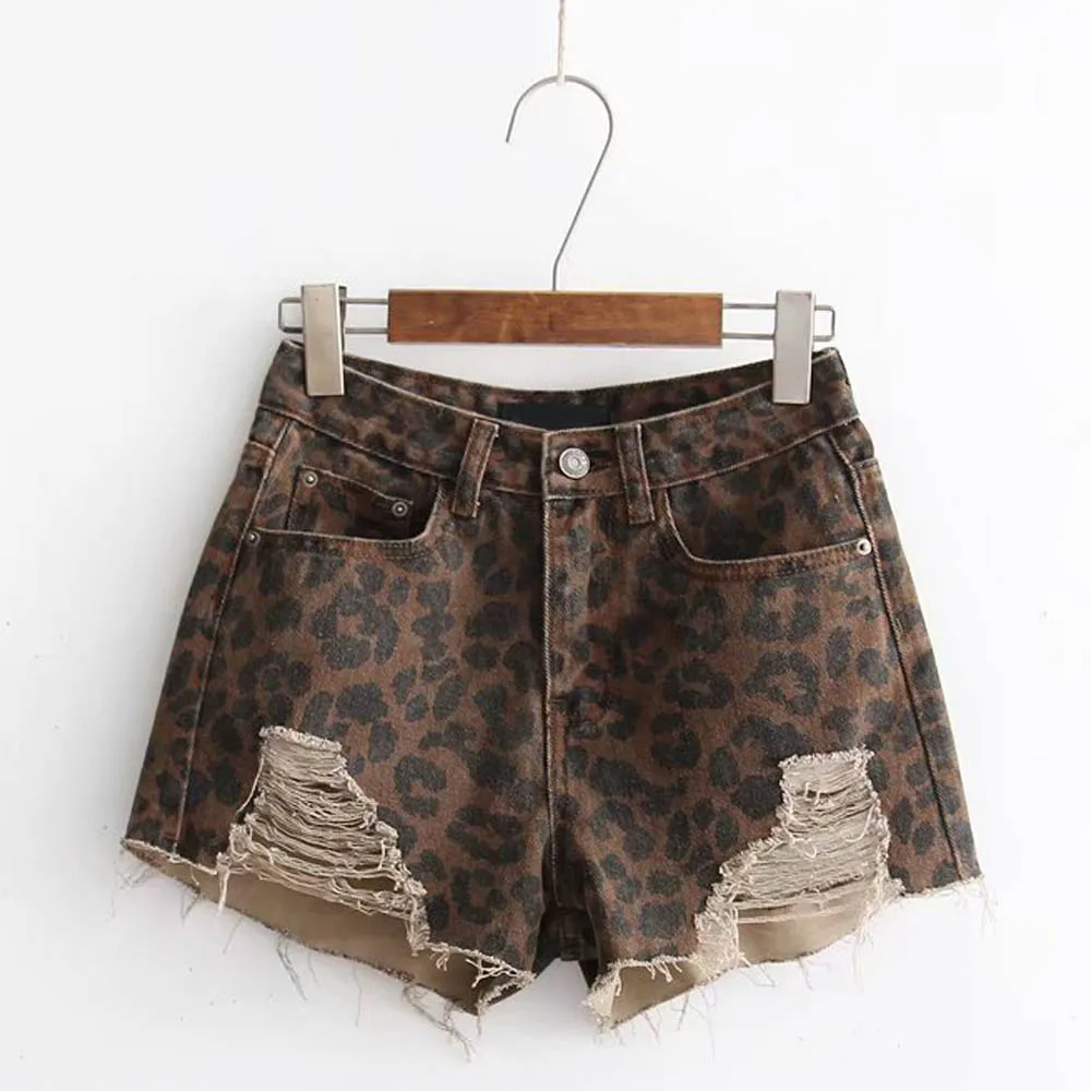 

ANSFX Vintage Leopard Print Denim Shorts High Waist Hole Hollow Out Burr Hem Fashion Women Casual Back Pocket Mini Shorts