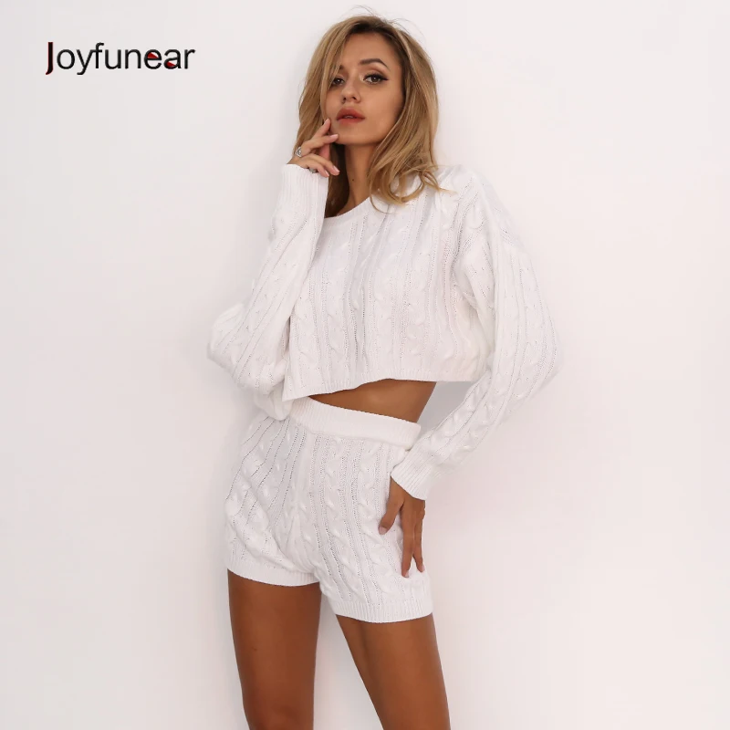 

Joyfunear New Knitted Pullover Sexy Two Piece Set Long Sleeve Tracksuit Women Elastic Waist Crop 2 Piece Set Women Clothing Set