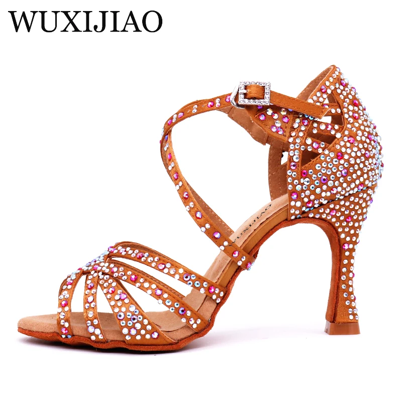 Women Salsa Party Ballroom Latin Dance Shoes Rhinestone Shining Bronze Skin Black Satin Cuba Heel 9cm