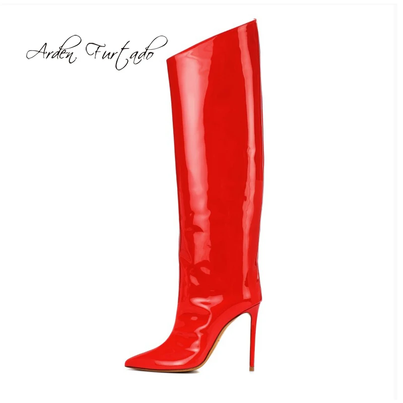 

Arden Furtado 2018 spring autumn winter stilettos high heels 12cm knee high boots red green gold fashion boots big size 47 48