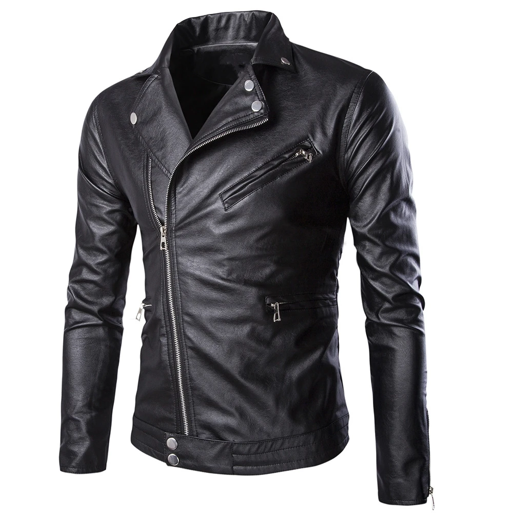 2016 New Fashion Punk Style Cheap Black Leather Jacket Men Motorcycle