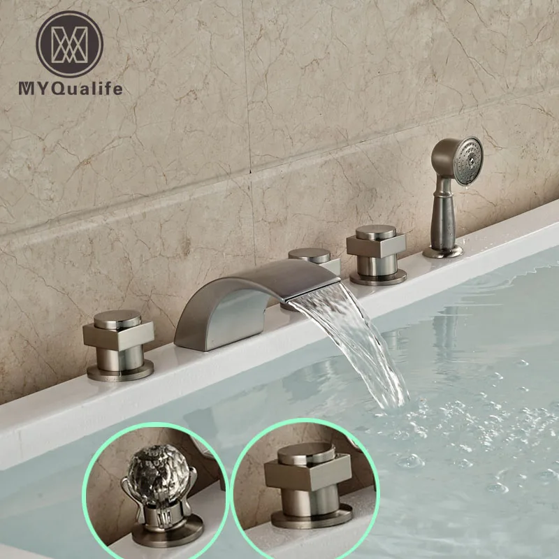 Modern Deck Mount 5pcs Widespread Bathtub Shower Faucet Three Handles Waterfall Tub Filler + Handshower