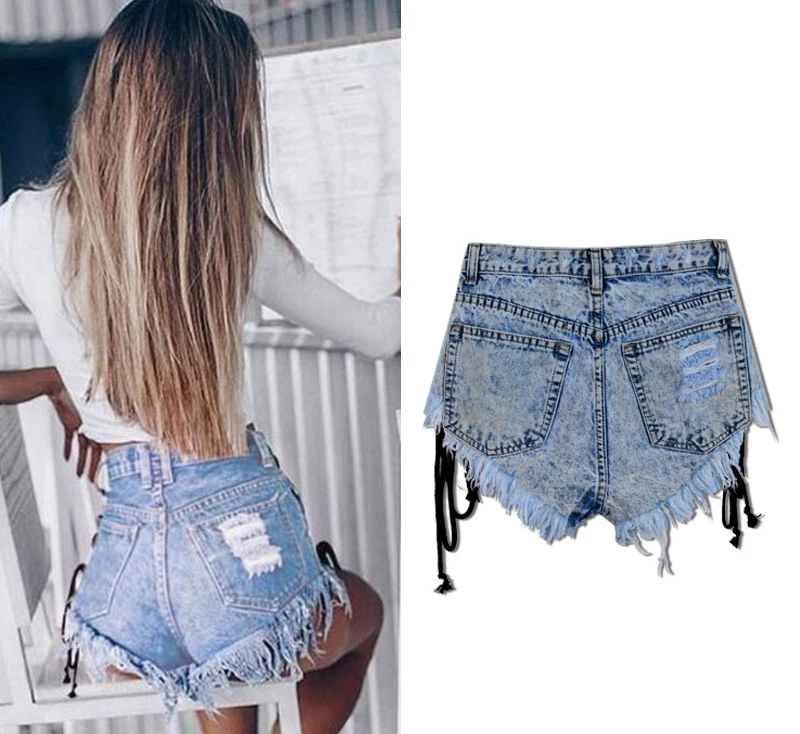 2017 Europe and the United States women's high waist open-style quilts Slim wear fringed snowflakes double banded ladies denim shorts (7)