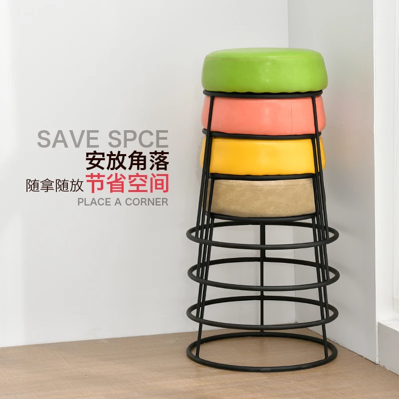 Home Round Stool Wrought Iron Stool Leather Art Bench Creative Simple Dining Stool Fashion Makeup Stool Make Up Chair