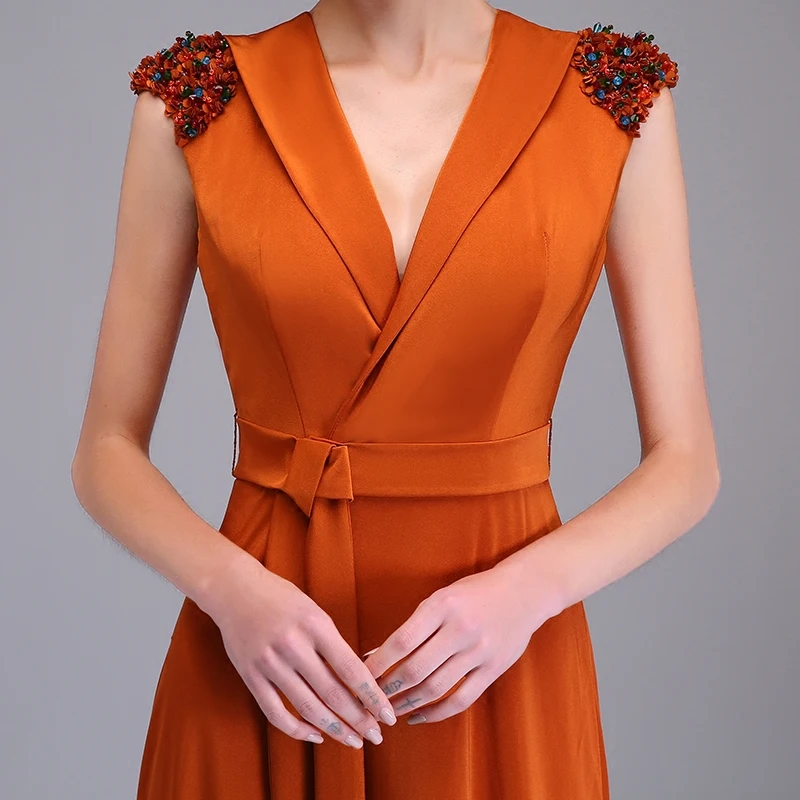 SSYFashion Новое Вечернее платье простой карамельный цвет Бисероплетение v образным
