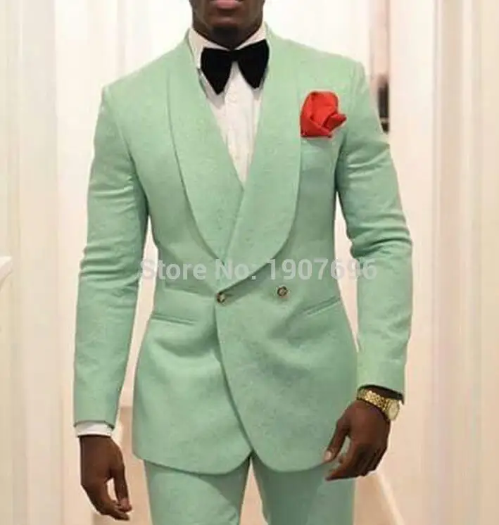 Mint Green Men Suit Jacket 2018 Shawl Lapel Double Breasted Jacket