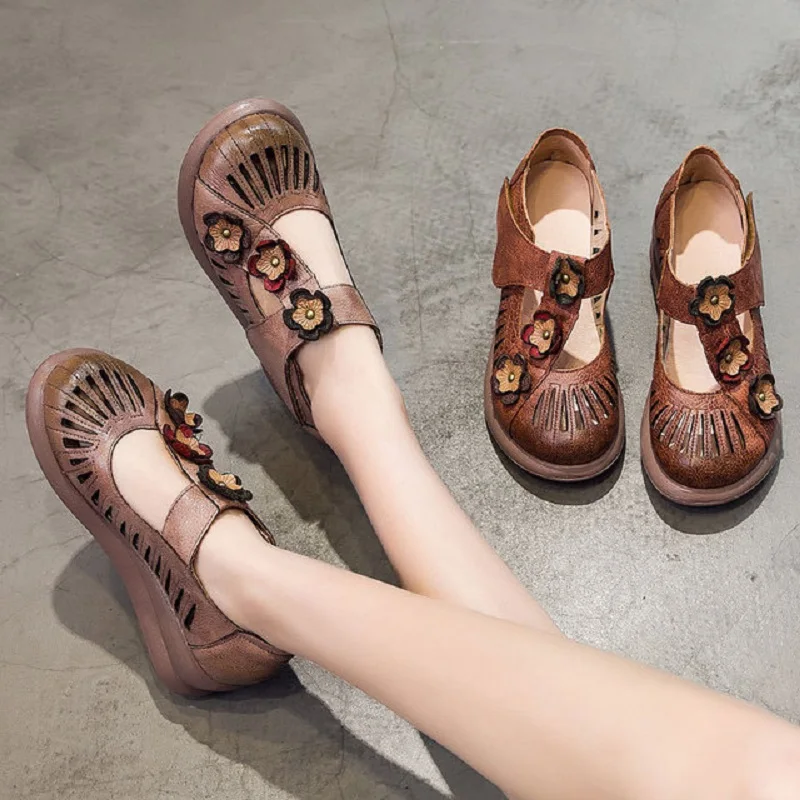 

Summer Retro China Style Genuine Leather Flowers Hollow Out Shallow Women Sandals Cut Out Ankle-Wrap Wedges Lady Shoes 20190509