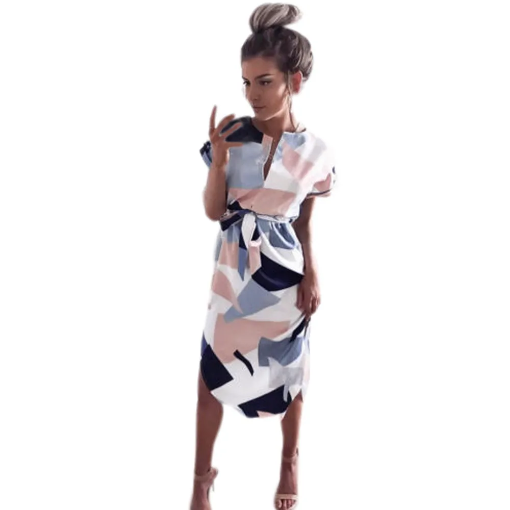

Women Floral Short Sleeve Party Evening Knee-Length Dress Sundress patchwork colorful comfortable breathe fashion saia rock#xx