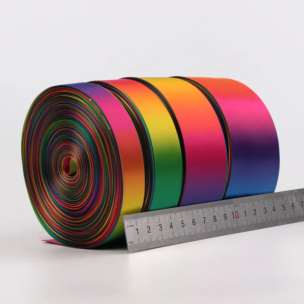 single/double side heat transfer printed rainbow ribbon gradual changing color satin ribbon different width available 50yard lot