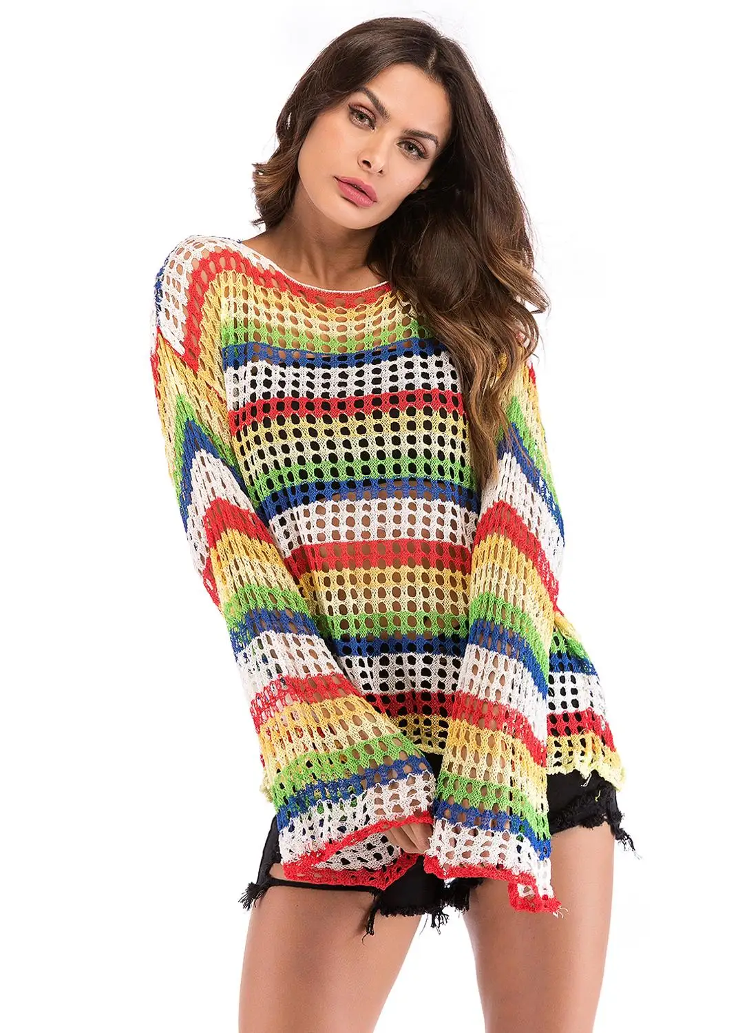Women Thin Sweater Loose Batwing Sleeve Colours Hollow Smock | Женская одежда
